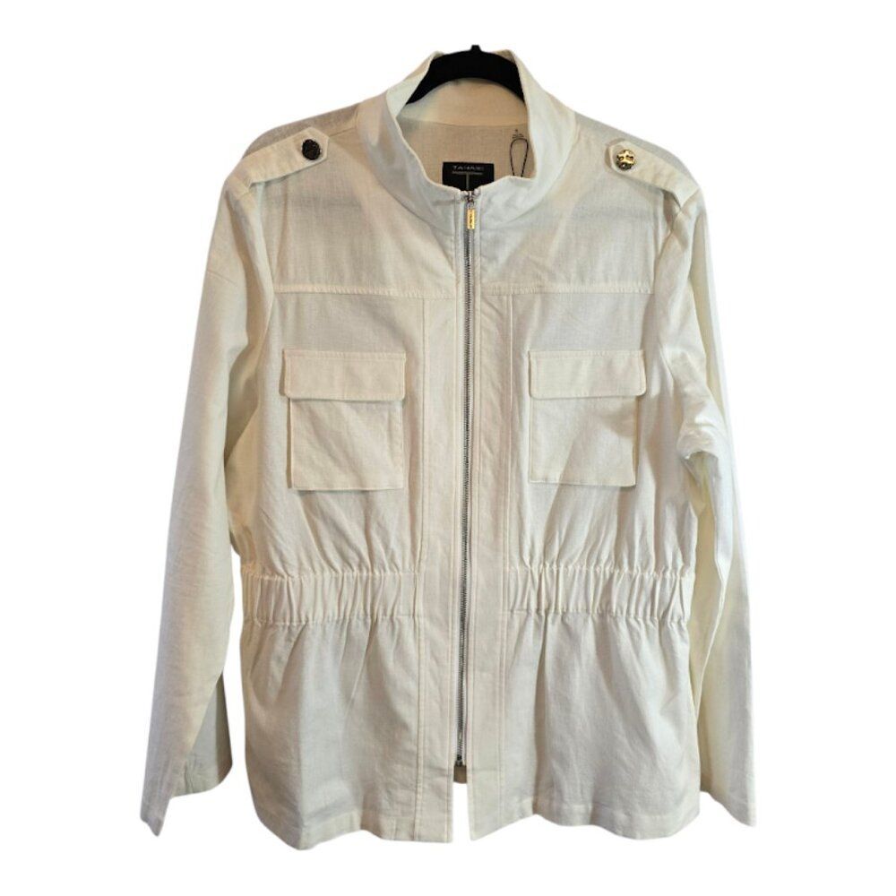 TAHARI STAND-COLLAR LINEN BLEND JACKET ZIP-UP SIZE XL OFF-WHITE LONG SLEEVE